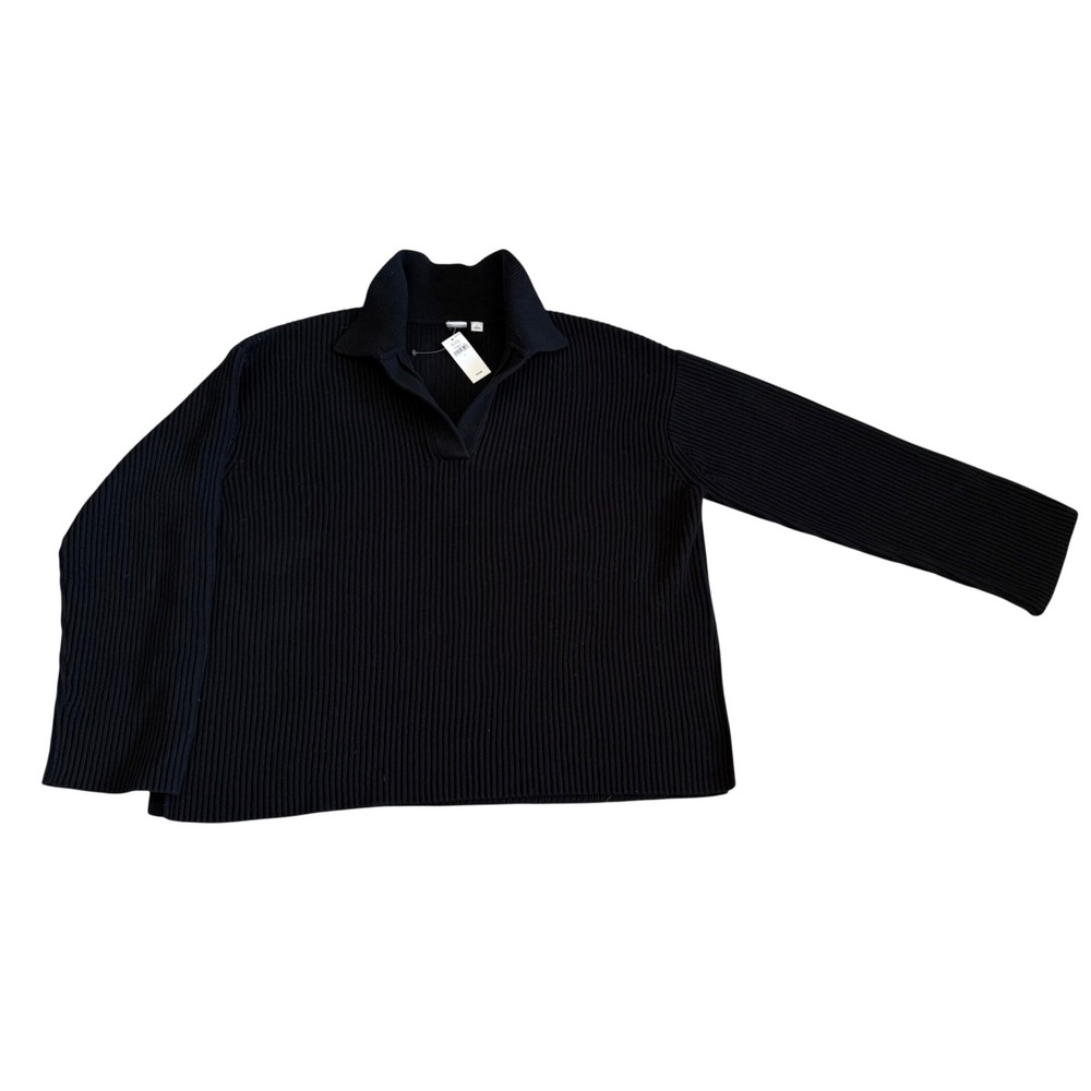 Gap Womens Ribbed Cotton Polo Sweater Black Long Sleeve Split Neck Large NEW